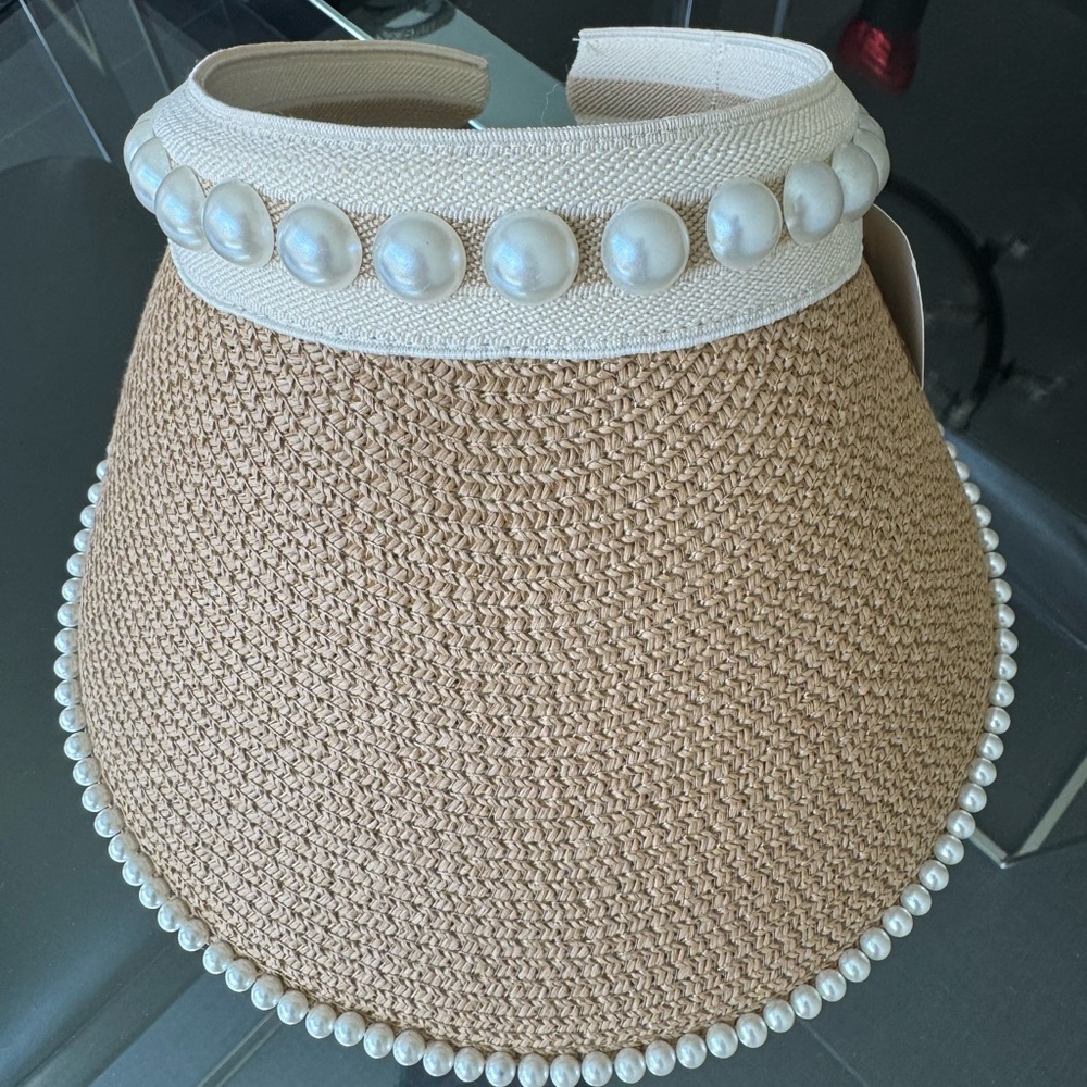 Elegant Tan Pearl-Embellished Women's Visor